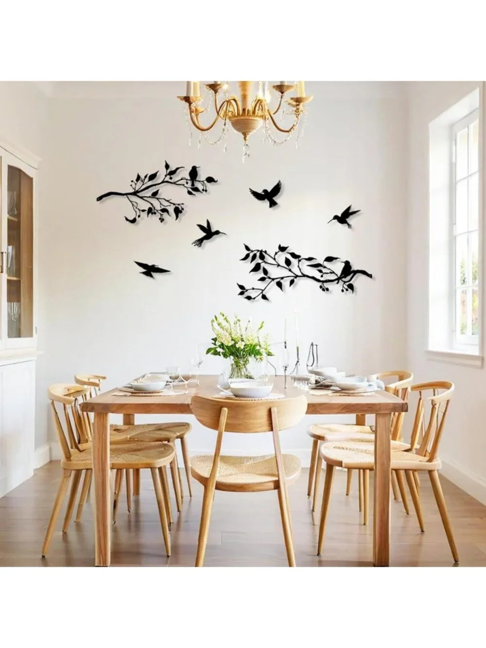 4PCS Large Metal Wall Art Decor - Birds on Branches, Black Leaves, Hummingbirds